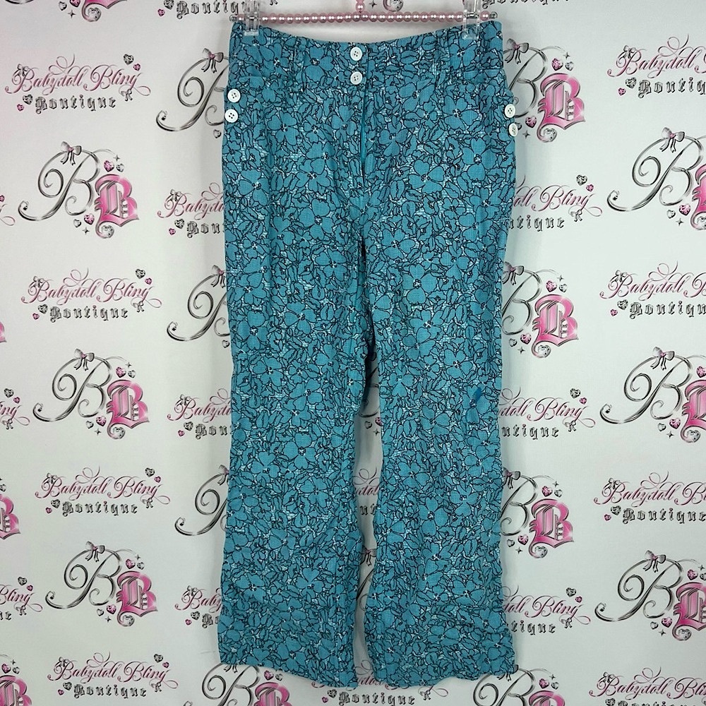 Etcetera pants flowers floral Blue Patterned bottoms pocketed white buttons